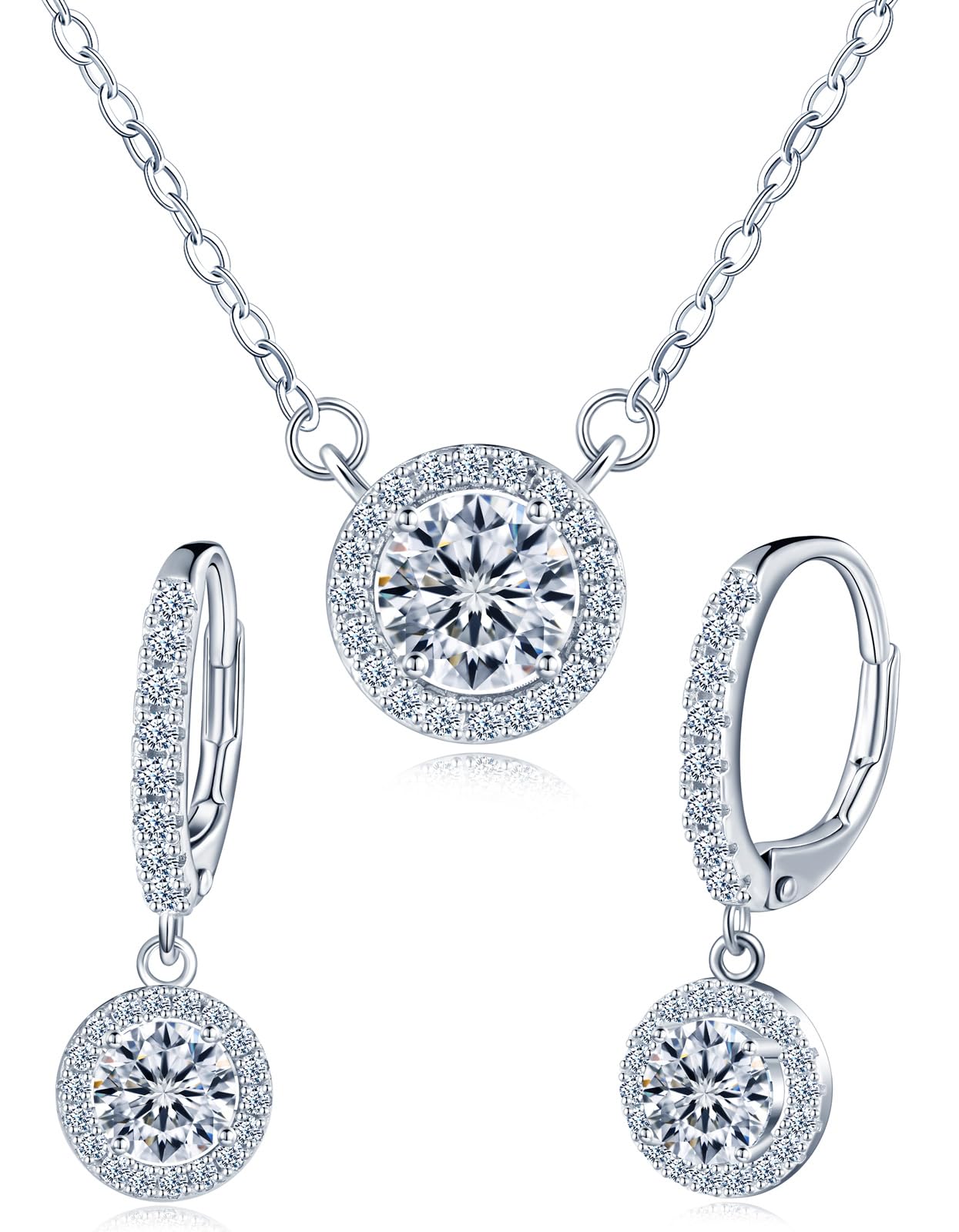Moissanite Hängende Ohrringe Halo und Halskette Silber 925 für Damen 1 Karat Moissanite Diamant Kette und Moissanit Creolen mit Anhänger, Silber Schmuckset für Frauen Freundin