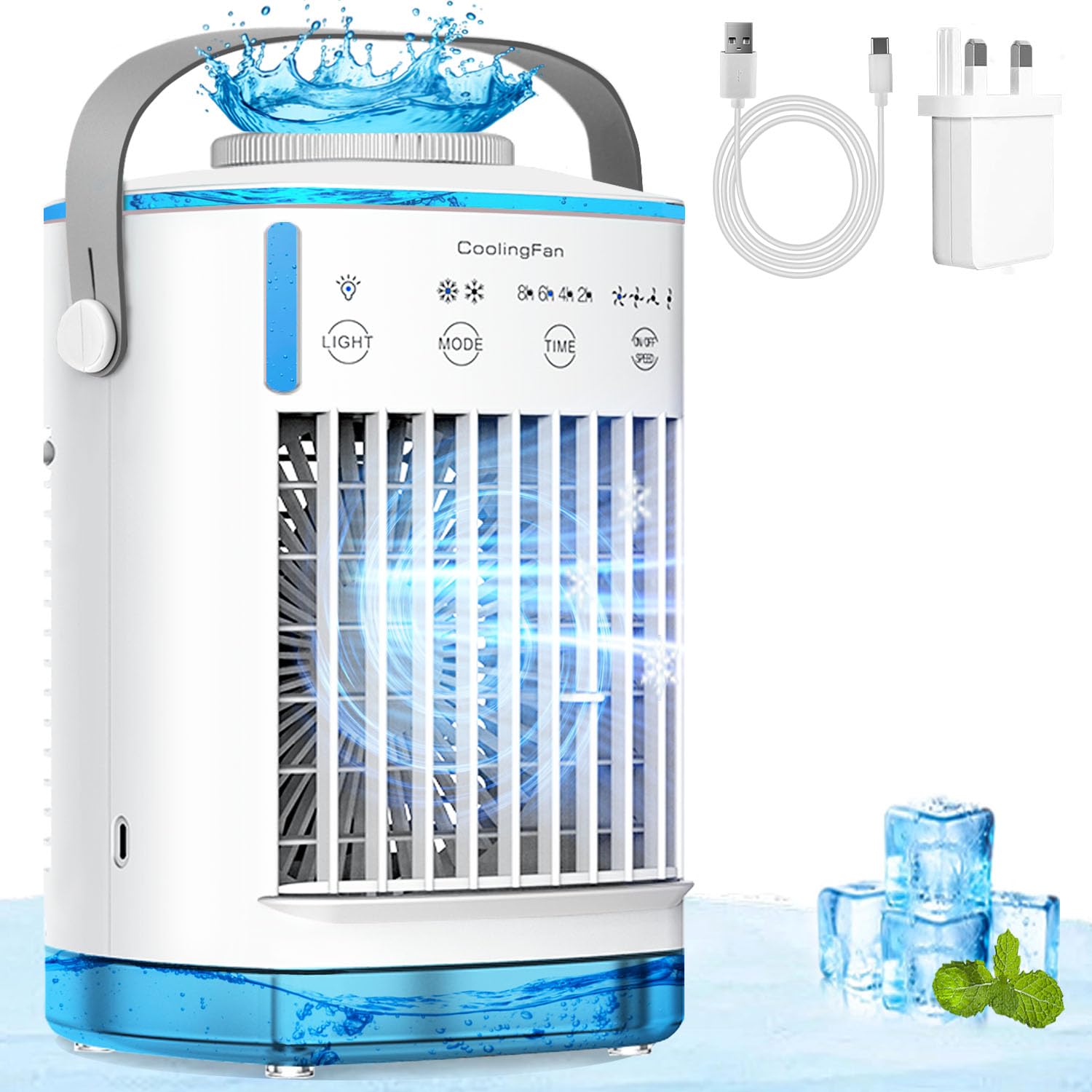 Portable Air Conditioner Cooling Fan 4-Speed Wind 700ml Water Tank 2-8H Timer 2 Mist 7-Color Night Light Evaporative