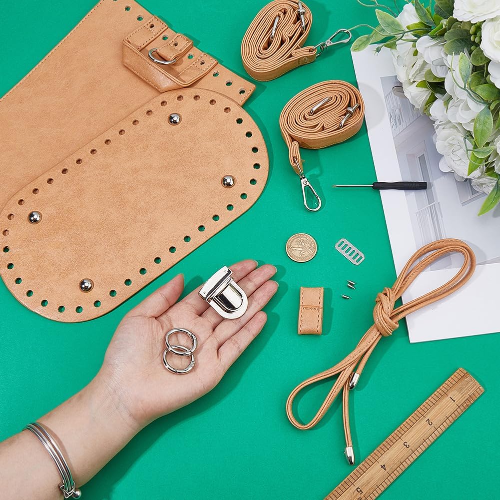 CALFOVERA PU Leather Oval Bags Bottom Shaper Crochet Kit Handbag Knitting Set Leather Handbag Top Flap Cover with Crossbody Bag Handle Straps for DIY Shoulder Tote Backpack Making Repairing