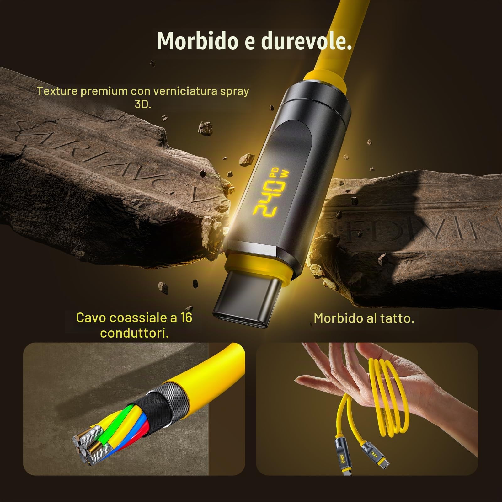 AOHI Cavo Thunderbolt 5 con indicatore LED 2 m, 240 W PD3.1 ricarica rapida, 80 Gbit/s, due display 8K, cavo USB C The Future Adonis per MacBook Pro/iPhone 17 Pro Max/Galaxy/SSD, giallo