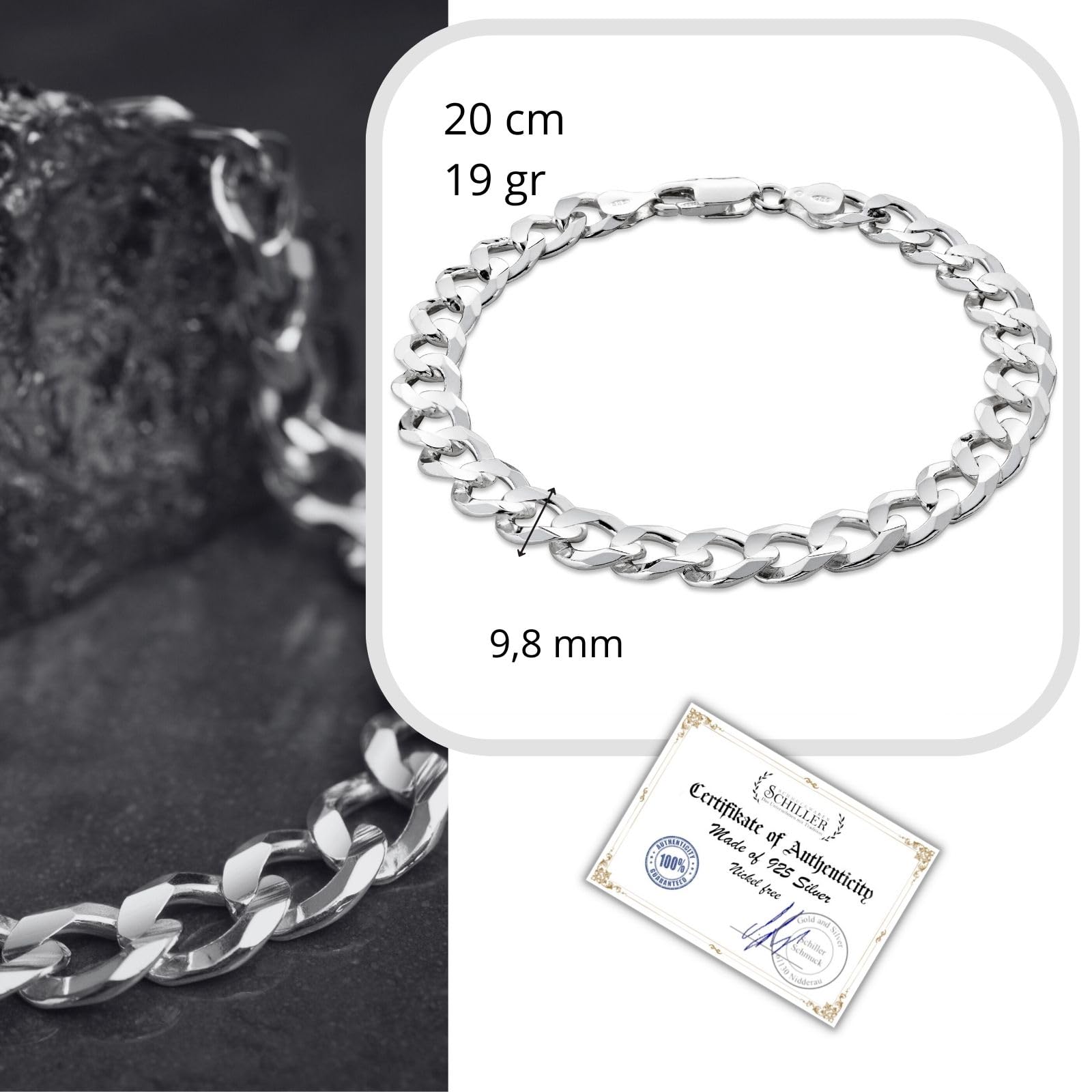 Pulsera Para Hombre De Plata Maciza 925 Con Diseño De Eslabones Y Cierre De Mosquetón