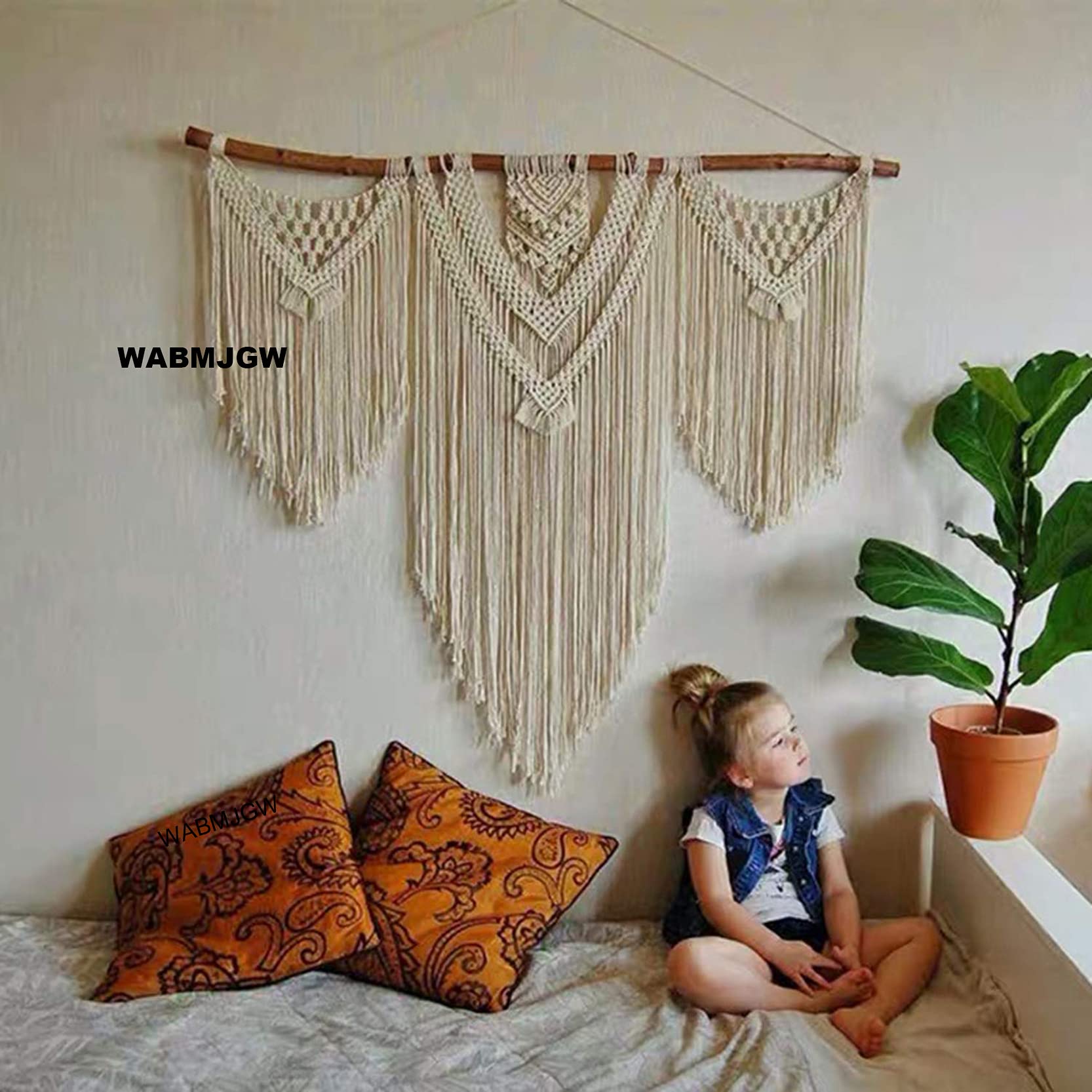 Tapiz de macramé para colgar en la pared, hecho a mano, cuerda de algodón, elegante flecos de borla para decoración bohemia del hogar, tamaño grande, 120 x 120 cm
