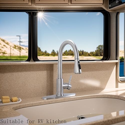 Miniatura 5 de HOTIS - Grifo de fregadero de cocina de níquel cepillado, grifo de cocina con rociador extraíble, pequeño grifo extraíble de acero inoxidable de una