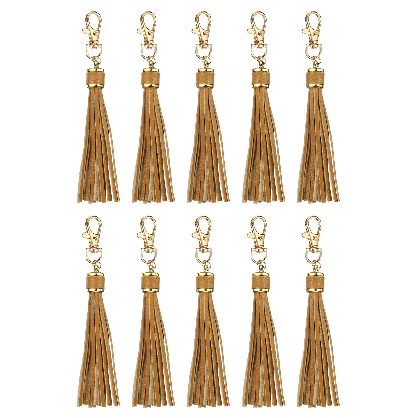 sourcing map 10pcs PU Leather Tassels, 6 Inch Keychain Tassel Charm Tassel Purse Charm with Lobster Swivel for Jewelry Making, Handbag, DIY Crafts, Phone Straps (Light Coffee)