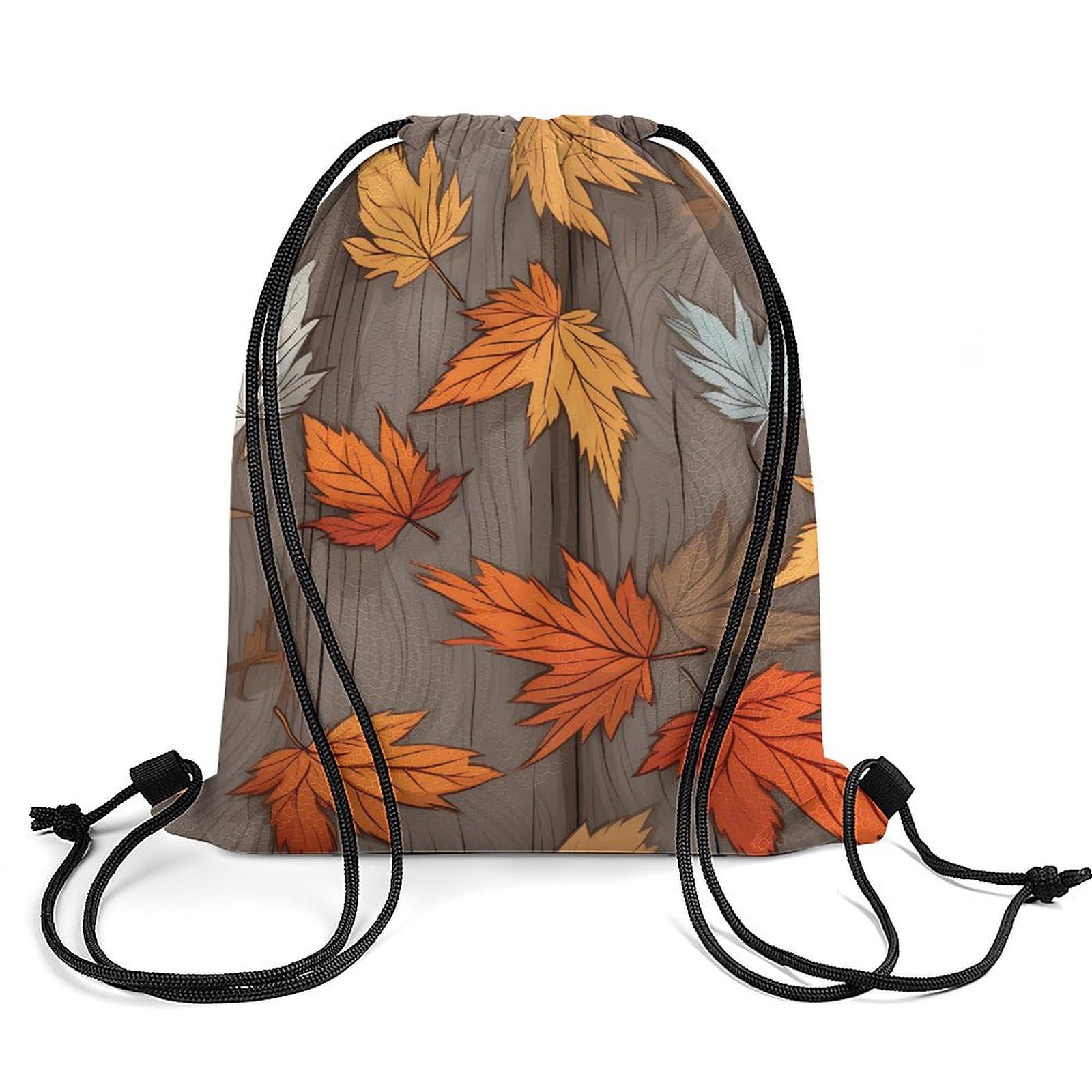 Maple Leaves on Rustic Wooden Board Autumn Drawstring Backpack Durable Sport Gym Bags Daypack for Men Women 35 * 42cm
