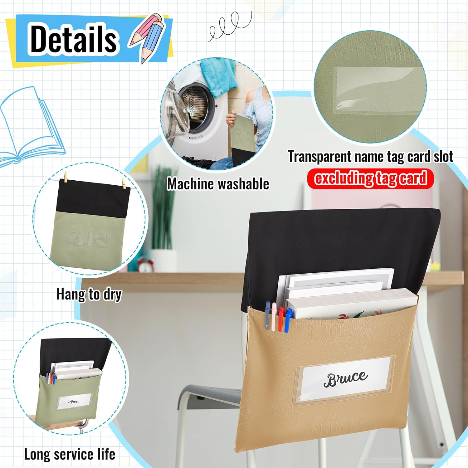 16 Pcs Chair Pockets for Classroom, 14 x 18 Inch Green Chairback Pocket with Name Tag Slot, Seat Cover for Classroom Chairs K-5, Back to School Supplies, 8 Colors
