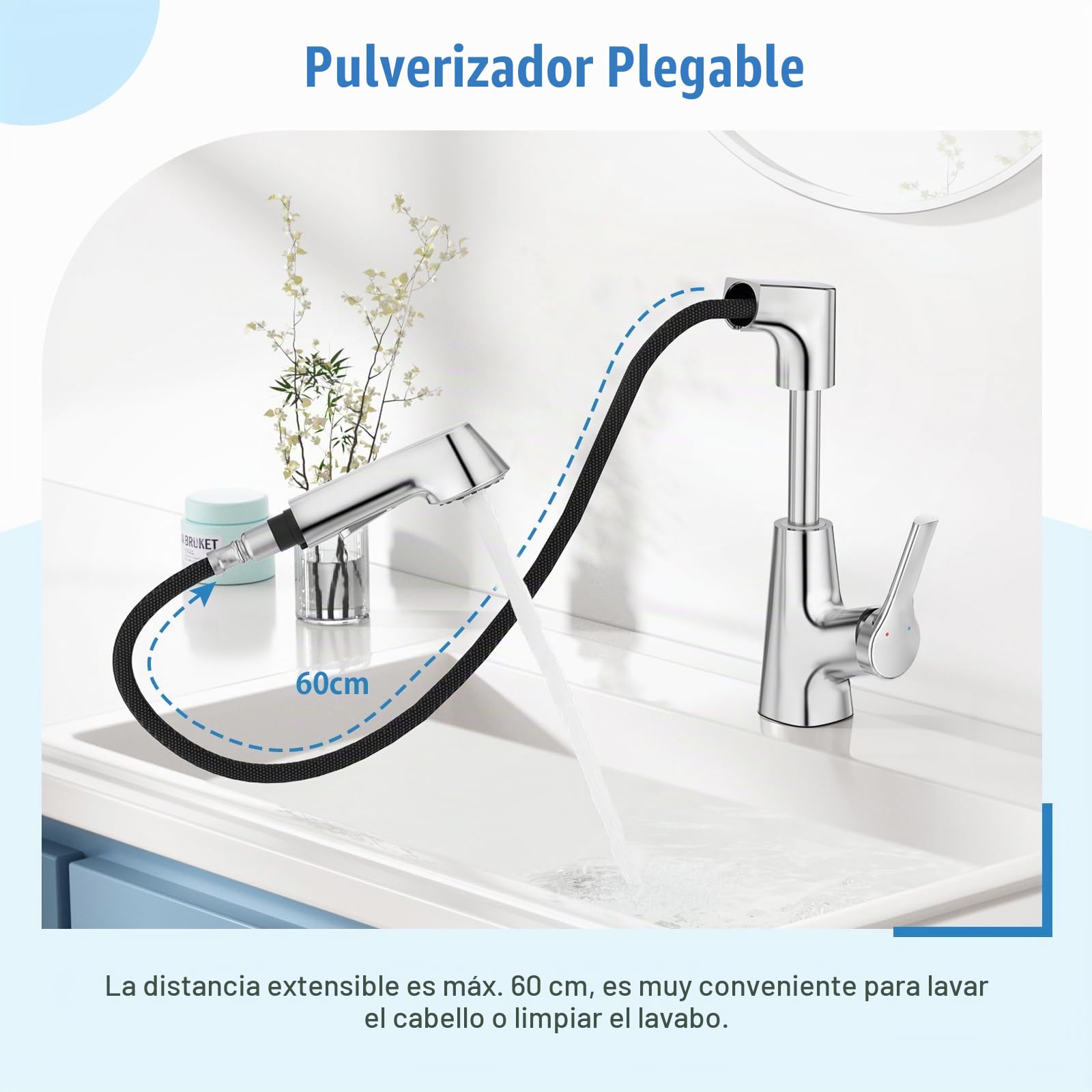 Grifo para lavabo de baño ajustable arriba y abajo con cabezal de ducha extraíble de 2 funciones, giratorio 360°, grifo para lavabo, baño, cromado brillante
