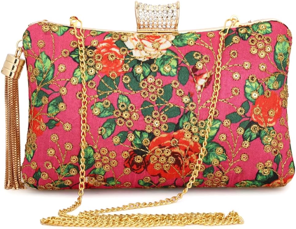 TOOBA Handicraft Women’s Embroidered Clutch Purse | Elegant Satin Handbag with Crystal Clasp & Tassel Chain | Wedding, Cocktail, Party & Bridal Gift Bag for Women & Girls