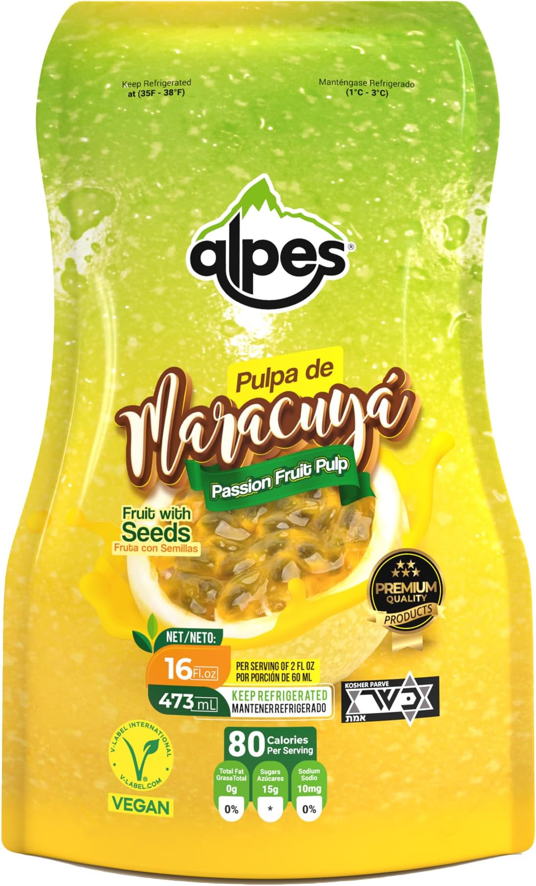 Alpes Premium Passion Fruit Pulp with seeds, 100% Real Fruit, Tropical Maracuya (Lilikoi). Ideal for Cocktails, Juices, Smoothies, Desserts, Gourmet Sauces, Ice creams & Snacks, 1 Pack 16 fl oz.