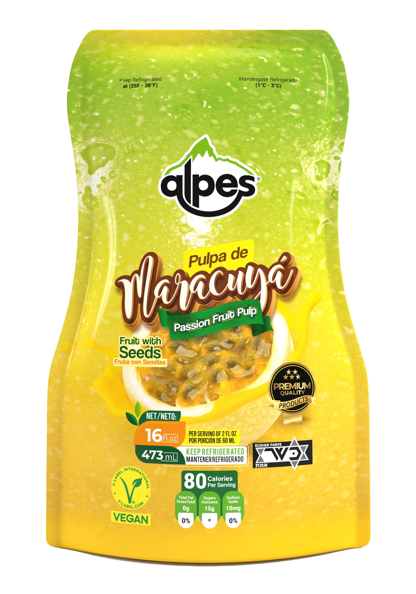 Alpes Premium Passion Fruit Pulp with seeds, 100% Real Fruit, Tropical Maracuya (Lilikoi). Ideal for Cocktails, Juices, Smoothies, Desserts, Gourmet Sauces, Ice creams & Snacks, 1 Pack 16 fl oz.