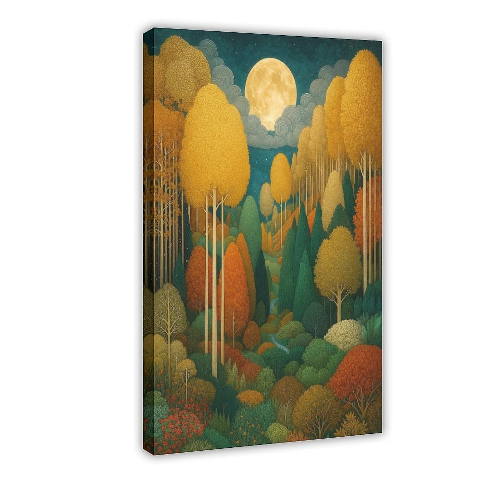Bareronor Frame Whimsical Moonlit Forest Canvas Poster Bedroom Decor Landscape Office Room Decor Gift 12" L X 18" W