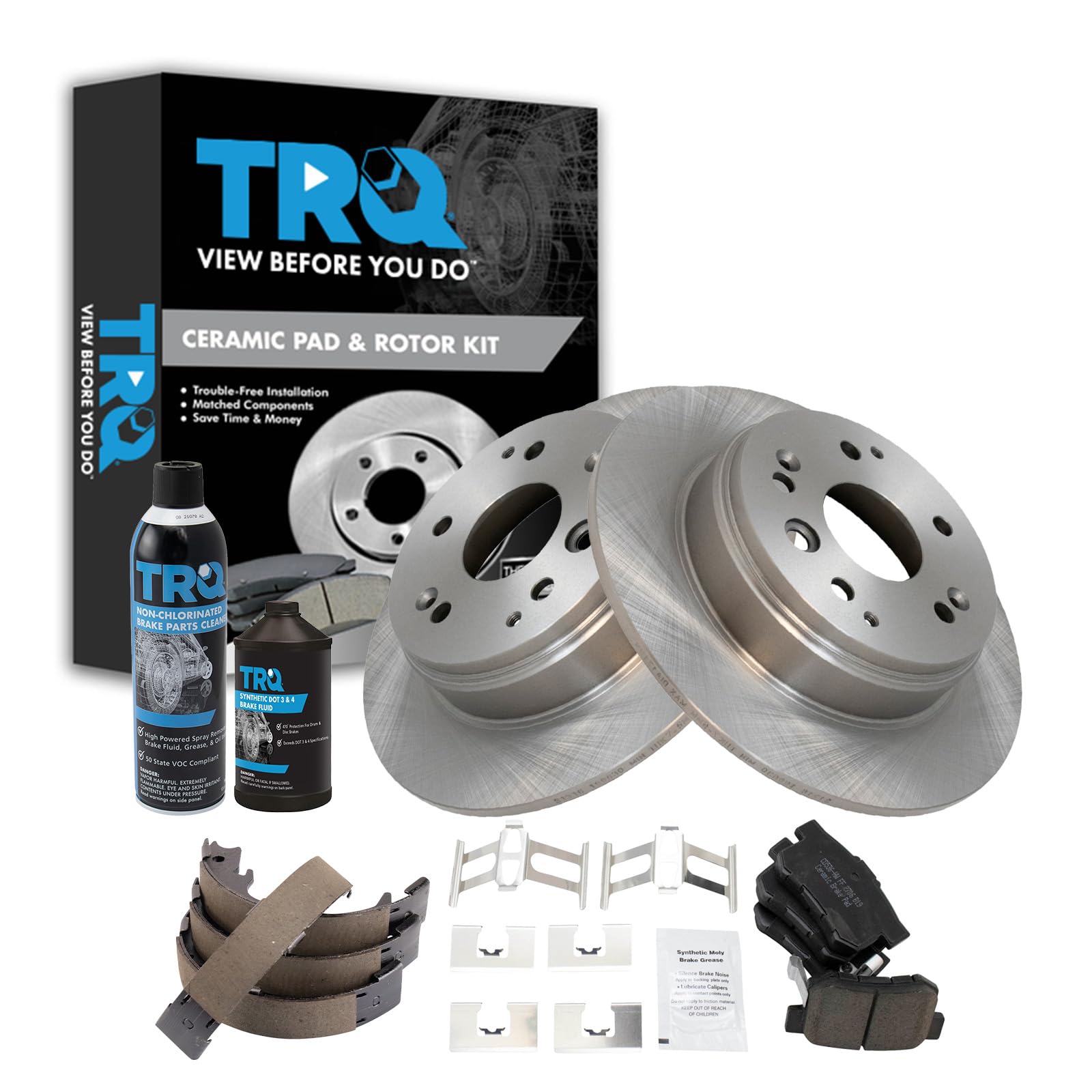 TRQ Rear Brake Pad &amp; Rotor Kit, with Chemical Kit Parking Brake Shoe Set Ceramic Compatible with 2004-2008 Acura TL 2003-2011 Honda Element
