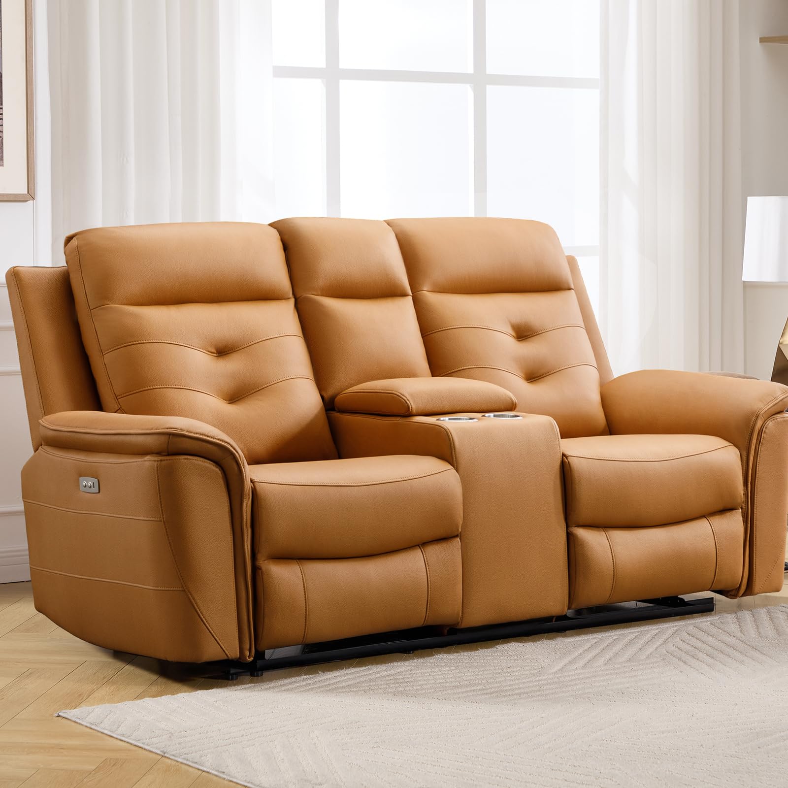 ANJ Power Reclining Loveseat Sofa with USB Charging Port, Breathable Faux Leather 2-Seater Electric Recliner Couch with Cup Holders &amp; Storage Console for Living Room, Yellow