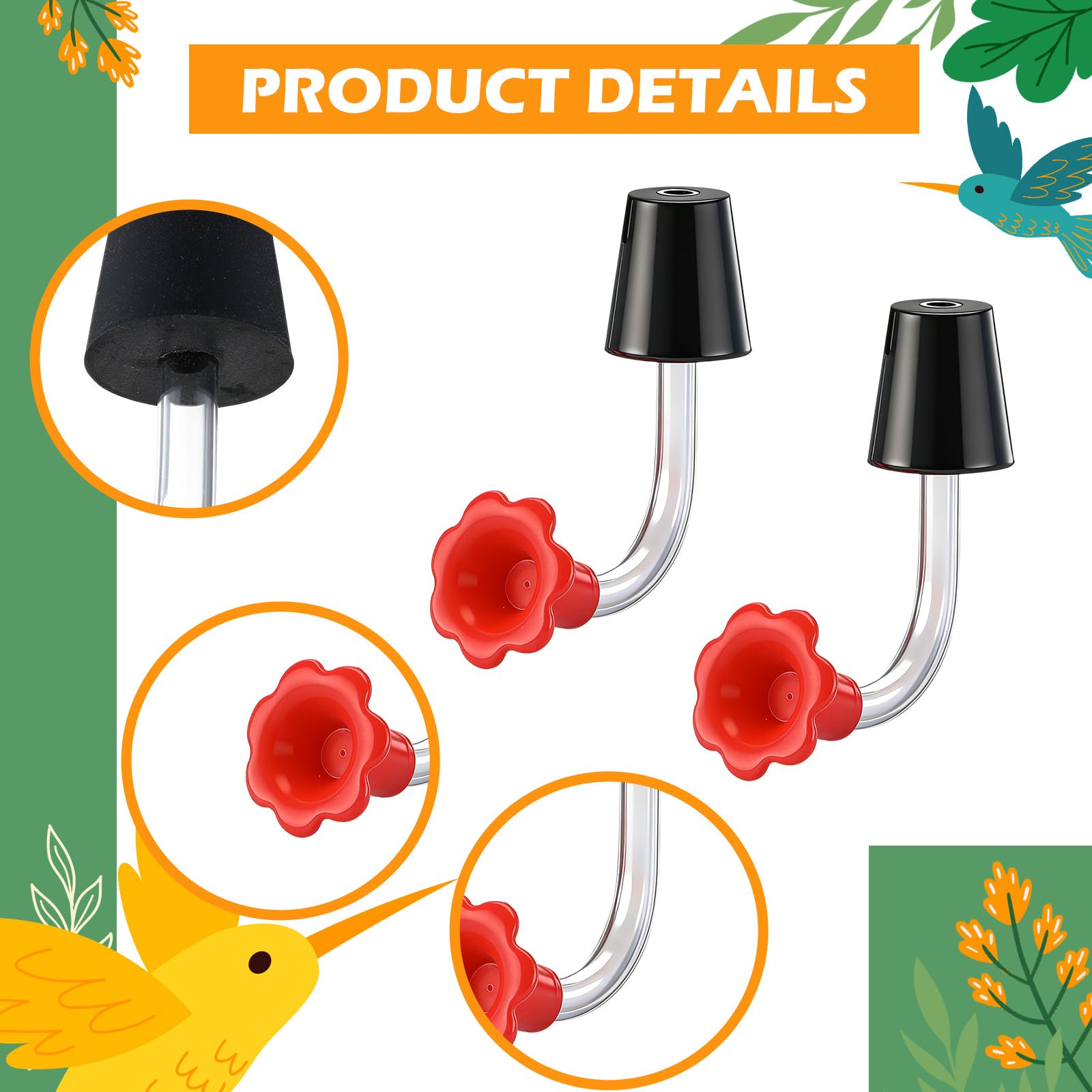 Paquete de 3 tubos de comedero de colibrí con tapón, piezas de repuesto para comedero de pájaros, punta resistente al goteo, flores de silicona para botella de vino al aire libre, hacer tus propios