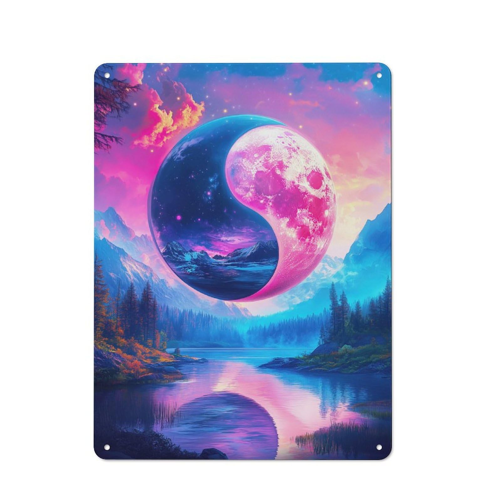 Junmoney Yin Yang Moon Landscape Retro Decorative Tin Plaque 40X30cm Featuring Home Wall Decor For Bedroom, Kitchen, Office Or Living Room