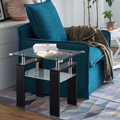 Miniatura 8 de HomVent 2 mesas auxiliares de vidrio con patas de madera para sala de estar, mesas auxiliares contemporáneas con almohadillas de esquina de