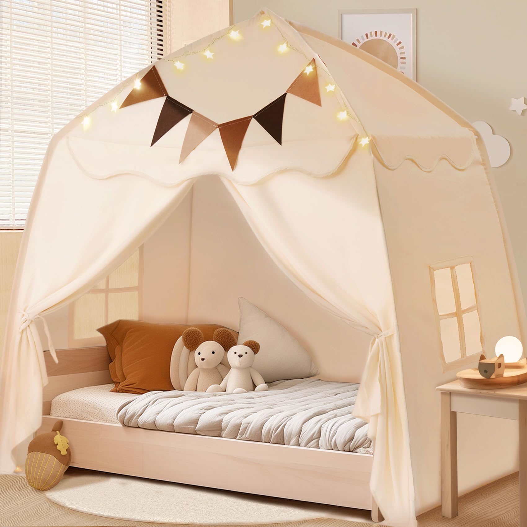 Extra Large Kids Play Tent with Flags & Star Lights, Portable & Foldable Teepee, Boys & Girls, Indoor Outdoor Dome Tent Playhouse, 59x39x59 in, Cream