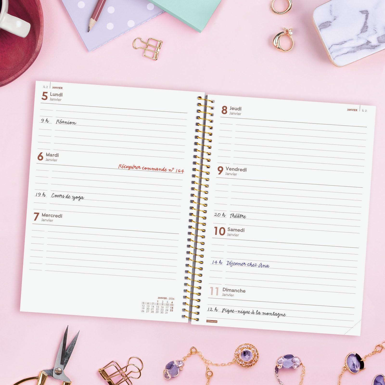 Agenda Spirale 2026 Finocam - Semaine Sur 2 Pages, Couverture Polypropylène, Design 'Impossible'