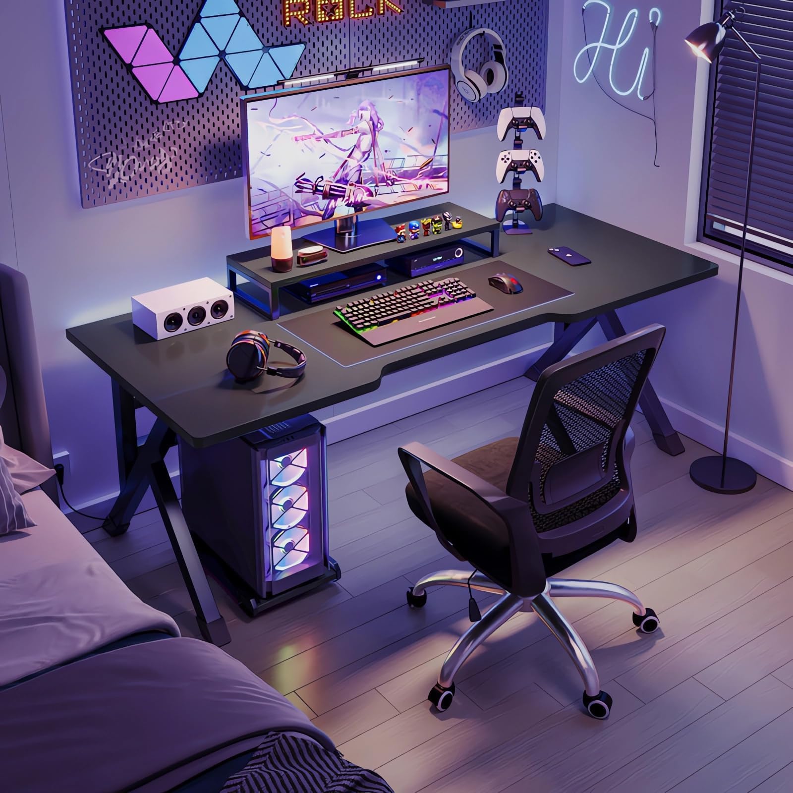 Large Gaming Desk, Black PC Computer Desk, Ergonomic Home Office Desk with Carbon Fiber Surface Gaming Table Workstation for Gift Idea (Black)