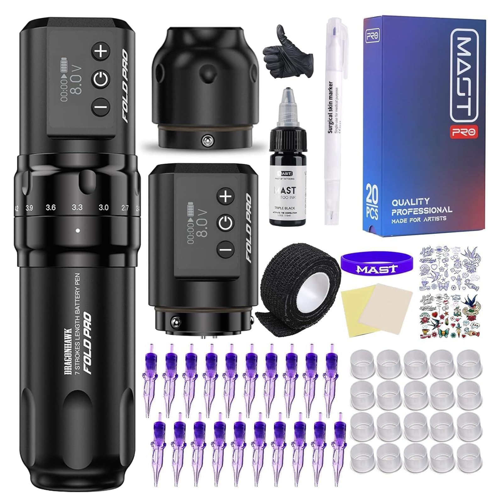 Dragonhawk Tattoo Maschine Set Fold Pro Kabelloser Tattoo Maschine Gun with 2 Batteries mit 7 Hübe 2.4-4.2mm 20 Stück Tattoo Nadeln für Linien und Sharding