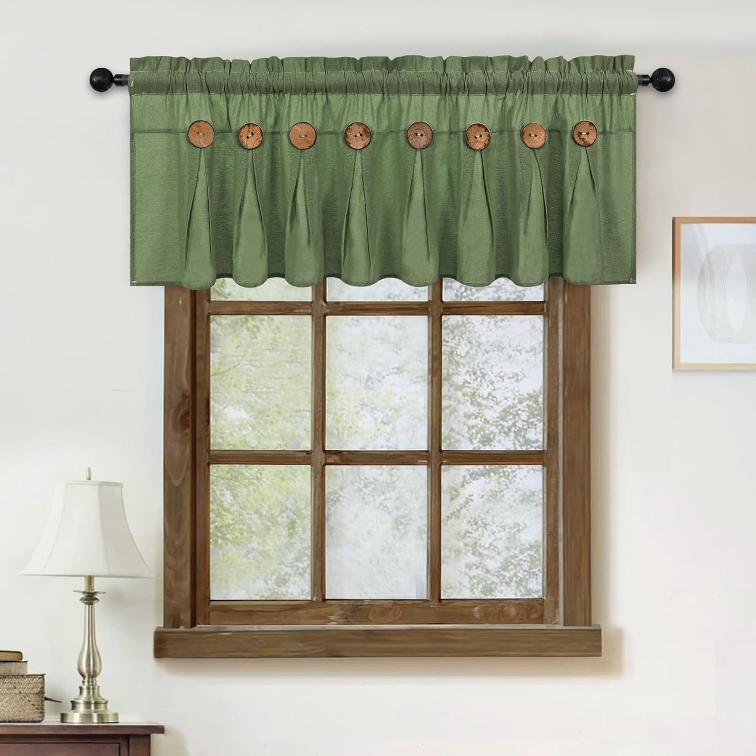 FRAMICS Farmhouse Valance Curtains, Boho Cotton Linen Kitchen Valance, Olive Green Rustic Button Window Valances for Kitchen Bathroom, Rod Pocket Valances for Windows, Olive Green, 52 x 18 Inch