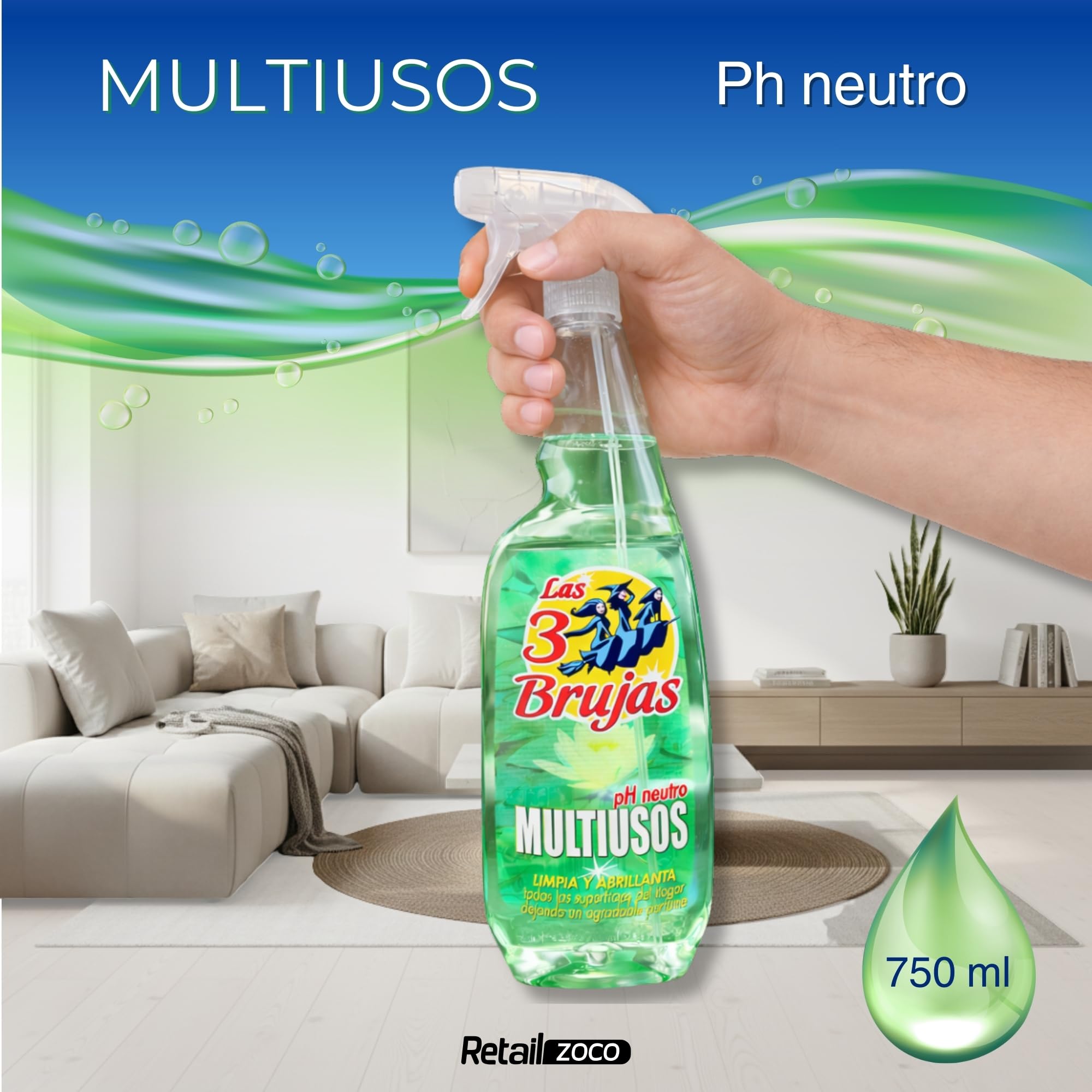 Limpiador multiusos en Spray, Limpiador Las 3 Brujas, Limpia y Abrillanta todas las superficies del hogar dejando un agradable perfume, pH Neutro, Pack de 3 botes de 750 ml