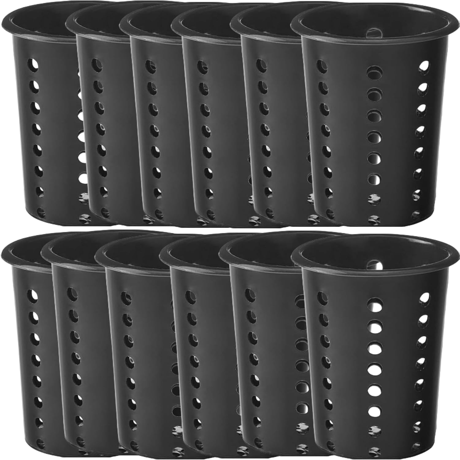 Black Perforated Plastic Flatware Holder Cylinders, Durable Polypropylene Utensil Organizers, Dishwasher-Safe, Compact 3″ Ø x 5″ H, Hygienic Airflow Design (12)