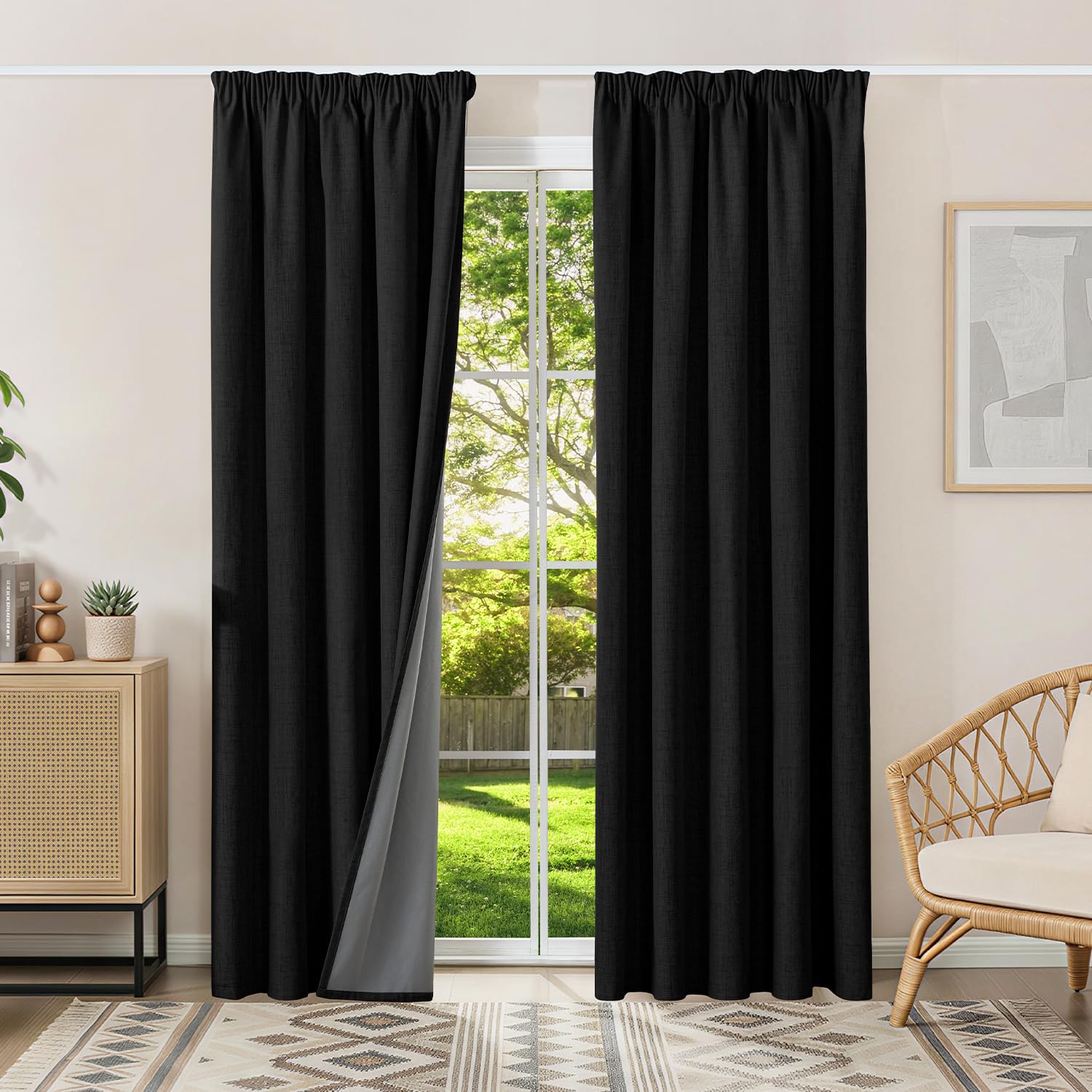 Runyéla 100% Blackout Curtains Pencil Pleat Linen Curtain for Bedroom Living Room Thermal Insulated 66 x 72 Inch Drop 2 Panels Black