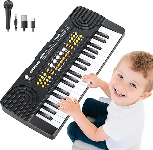 37 Key Piano Keyboard Toy for Kids Ages 3-5 Electric Pianos with Microphone Toddler First Music Toys for 3 4 5 6 7 Year Old Boys Girls Birthday (Black)