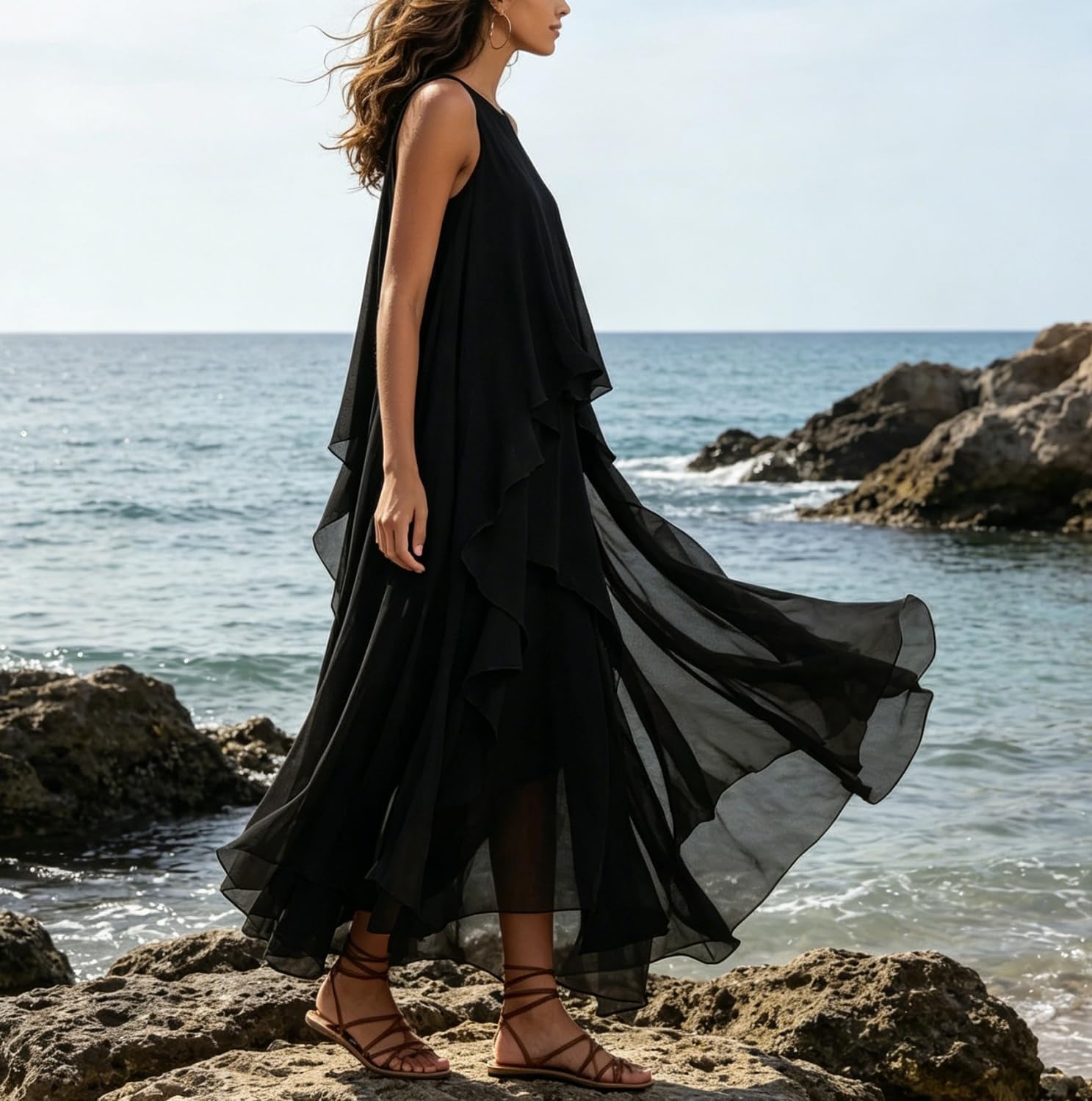 Maxivestido de chifón para Mujer: Estilo Casual, sin Mangas, con Capas escalonadas, caída fluida y Dobladillo asimétrico; Cuello Redondo.