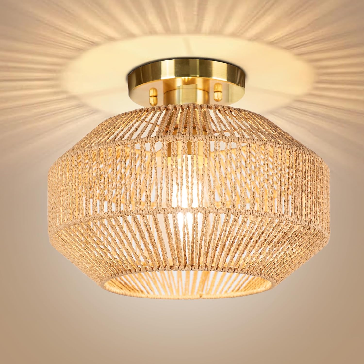 Qingmiao Semi Flush Mount Ceiling Light Paper Woven Rattan Hallway Light Fixture Boho Farmhouse Ceiling Lights for Porch Hallway Kitchen Bedroom, Bulb Not Included (Woven)