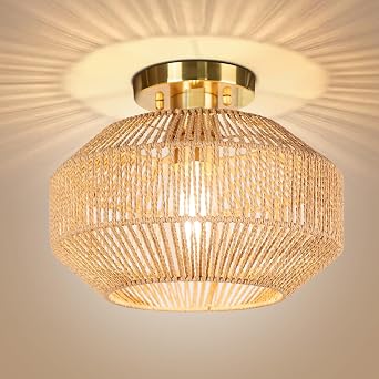 Qingmiao Semi Flush Mount Ceiling Light Paper Woven Rattan Hallway Light Fixture Boho Farmhouse Ceiling Lights for Porch Hallway Kitchen Bedroom, Bulb Not Included Woven