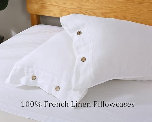 Miniatura 4 de S VICTORY SYMBOL Juego de 2 fundas de almohada de lino 100 % lino natural francés, fundas de almohada de lino con cierre de botones de coco, fundas