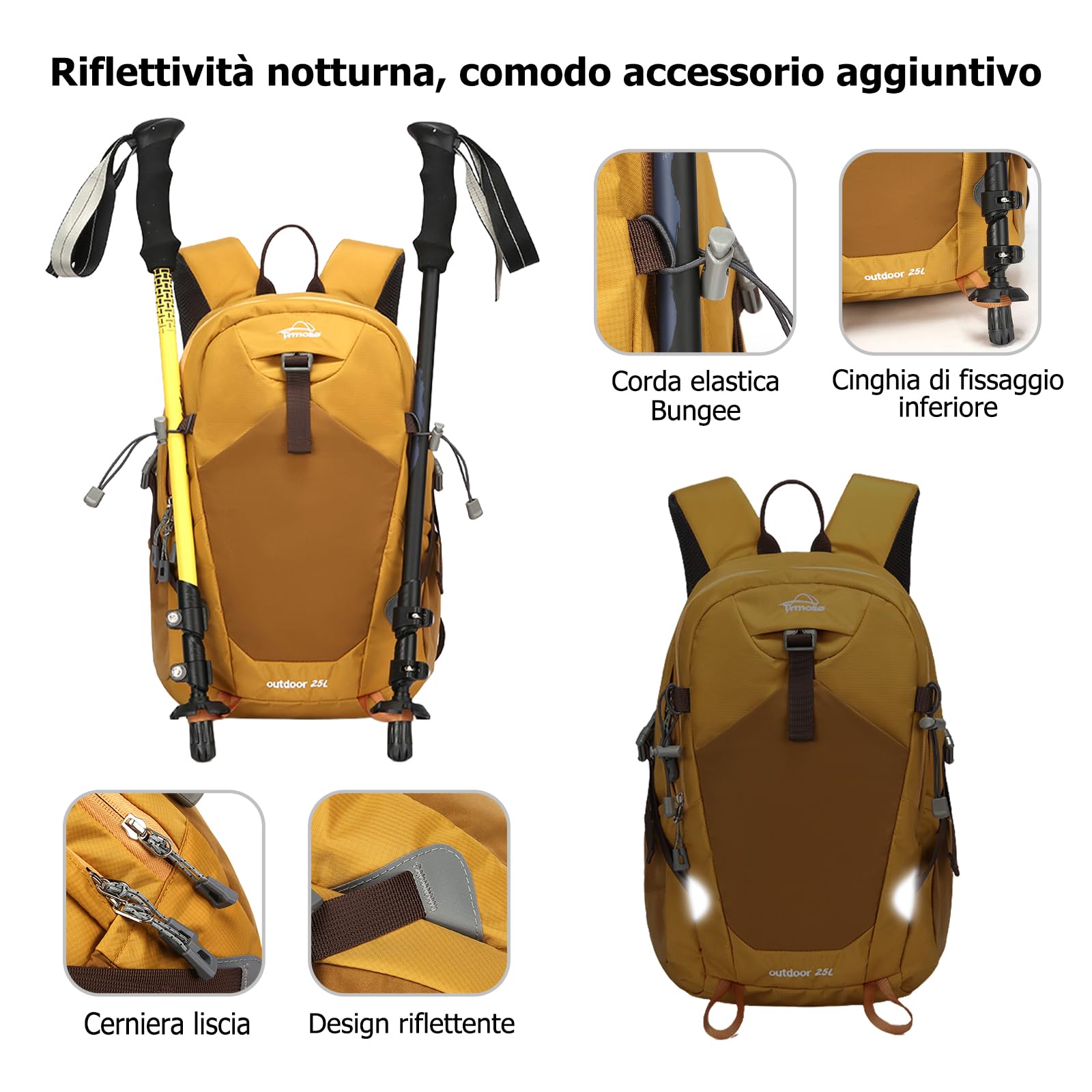25L Zaino da Trekking Zaino Impermeabile Grande Zaini Leggero con Striscia Riflettente Tessuto Oxford Backpack per Donna Uomo Campeggio Arrampicata Viaggio Sport Nero