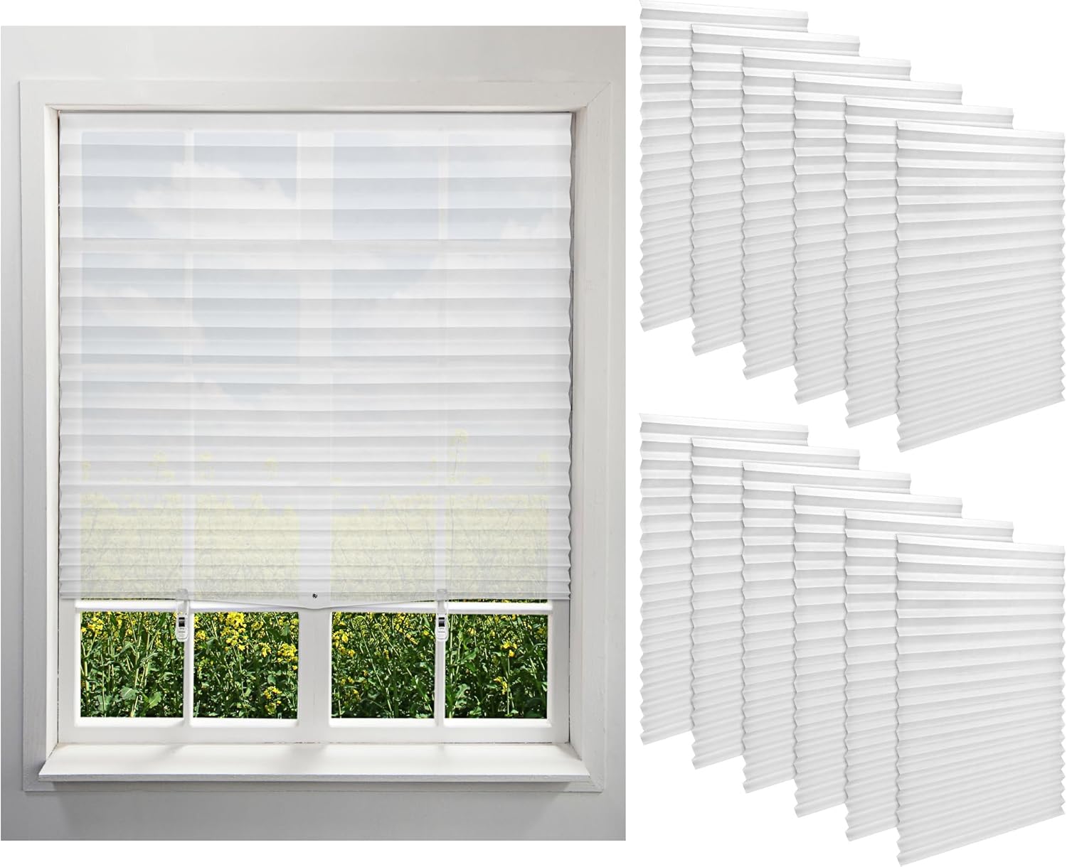 Kigley 12 Pack Filtering Temporary Blinds for Windows, 35 x 71 Inch Cordless Pleated Light Filtering Fabric Shade Self Adhesive Pleated Window Shade with 24 Clips, Easy to Cut and Install (White)