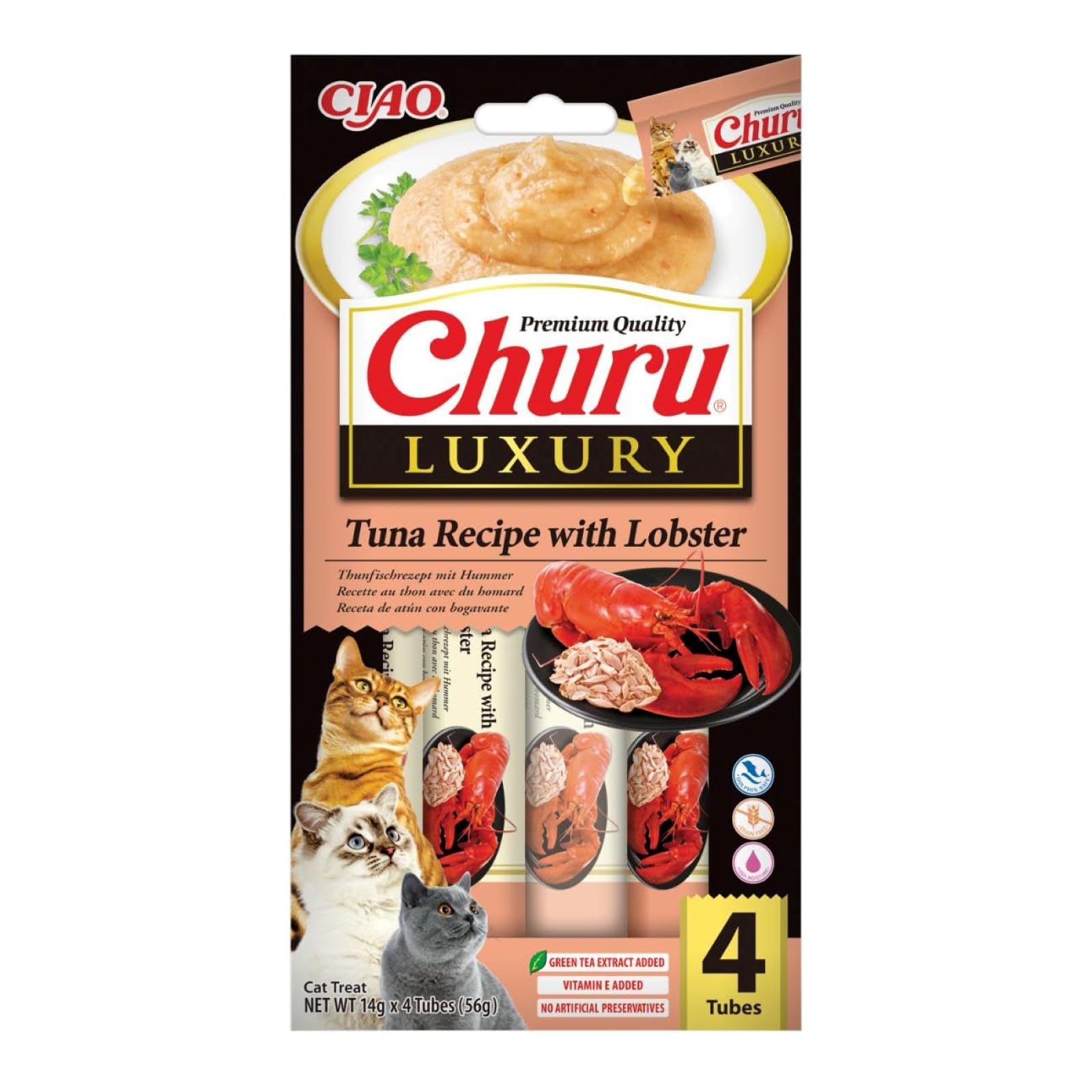 INABA Churu Luxury Katzen Leckerlies mit Thunfisch und Hummer, Hochwertige Zutaten, Getreidefrei, Zuckerfrei, Kalorienarm, Nur 6 kcal pro Tube, Katzen Schleckies Perfekt für Tierärzte 56 g (1er Pack)