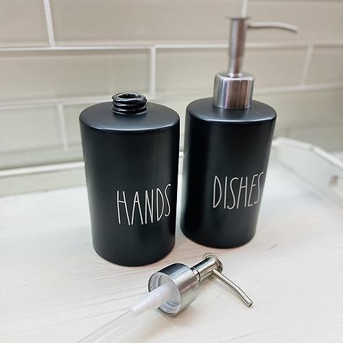 Miniatura 6 de Modern Farmhouse - Juego de dispensador de jabón para manos y platos de cerámica para cocina, bombas de acero inoxidable, botellas negras de 14