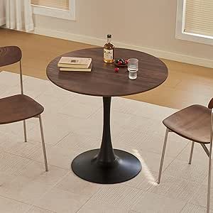 Round Dining Table, 31.5-inch Tulip Table with Walnut Pedestal, Mid Century Modern Bistro Style