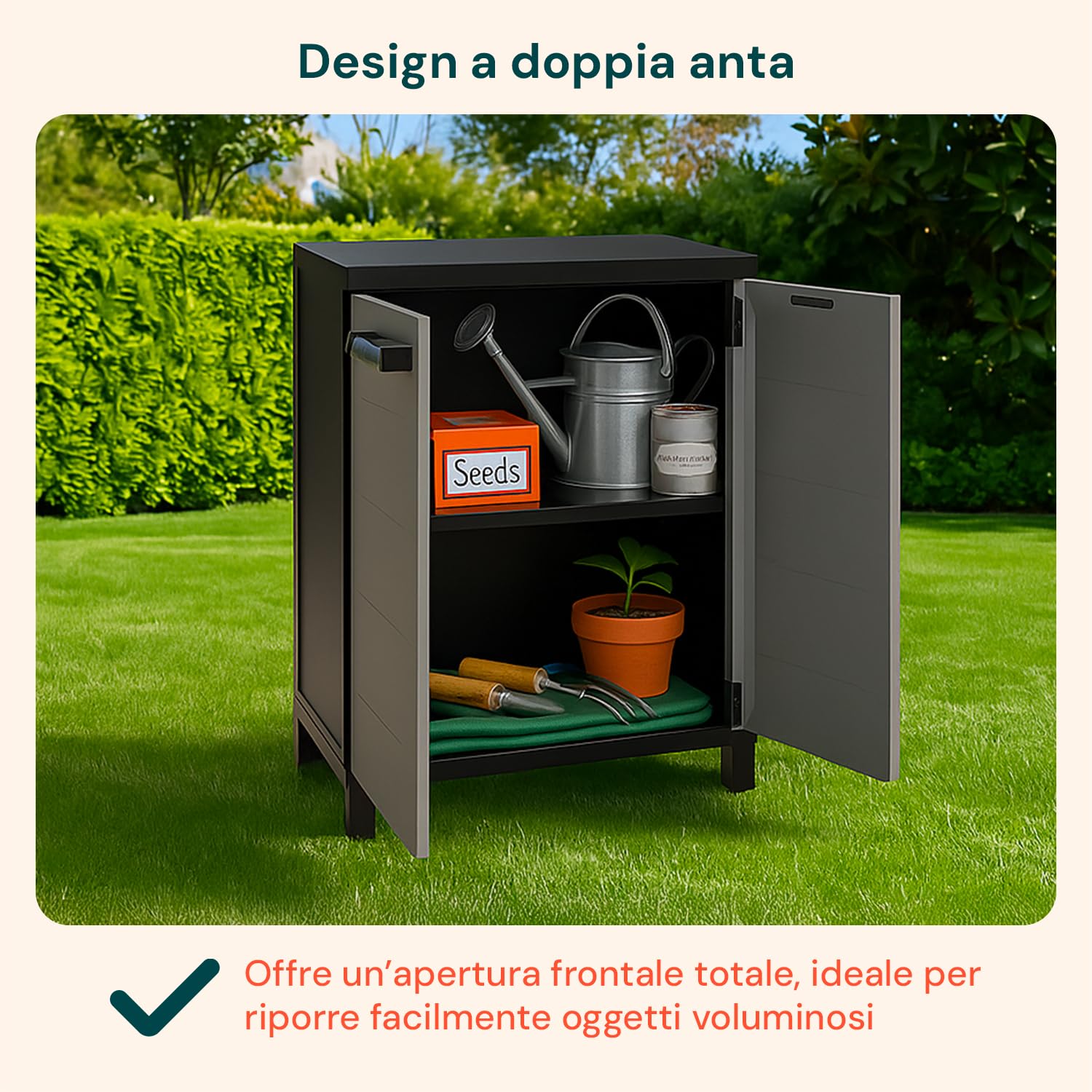 Avilia - Armadio da Esterno Basso Prime in Plastica Riciclata Effetto Legno con Ripiano Interno Regolabile, Ideale per Giardino e Balcone, Facile da Montare e Resistente alle Intemperie