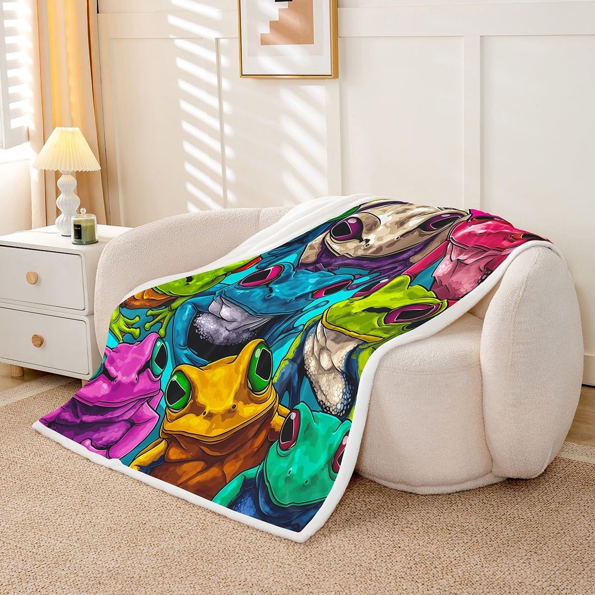 Erosebridal Funny Frog Fleece Bed Blanket Queen 90"X90" Hippie Graffiti Frogs Throw Blanket Colorful Tie Dye Tropical Wildlife Sherpa Blanket for Kids Boys Teen,Retro Jungle Animal Fuzzy Blanket