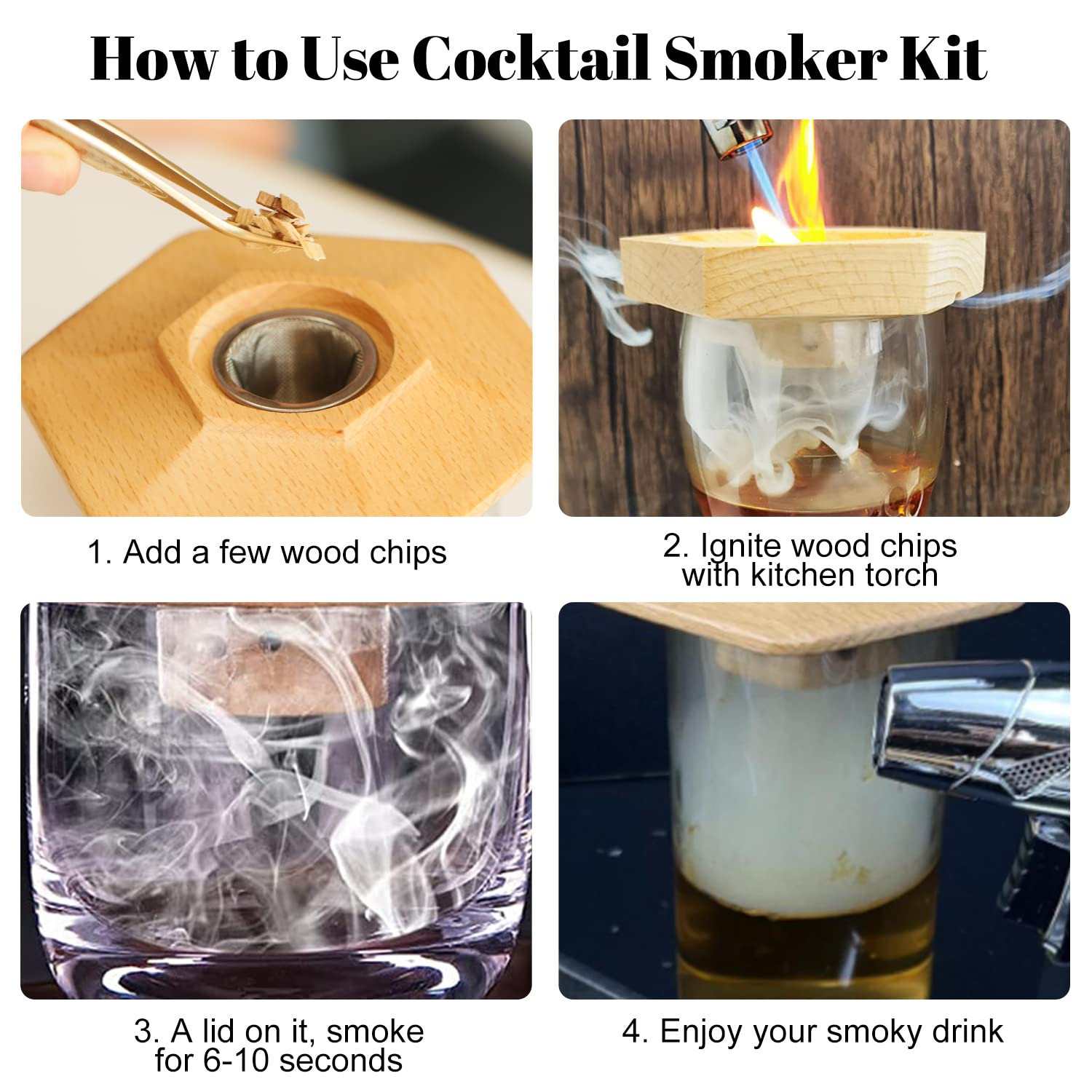 Ahumador Para Cócteles Y Whisky - Set Con 6 Maderas, Carga USB, Sin Butano
