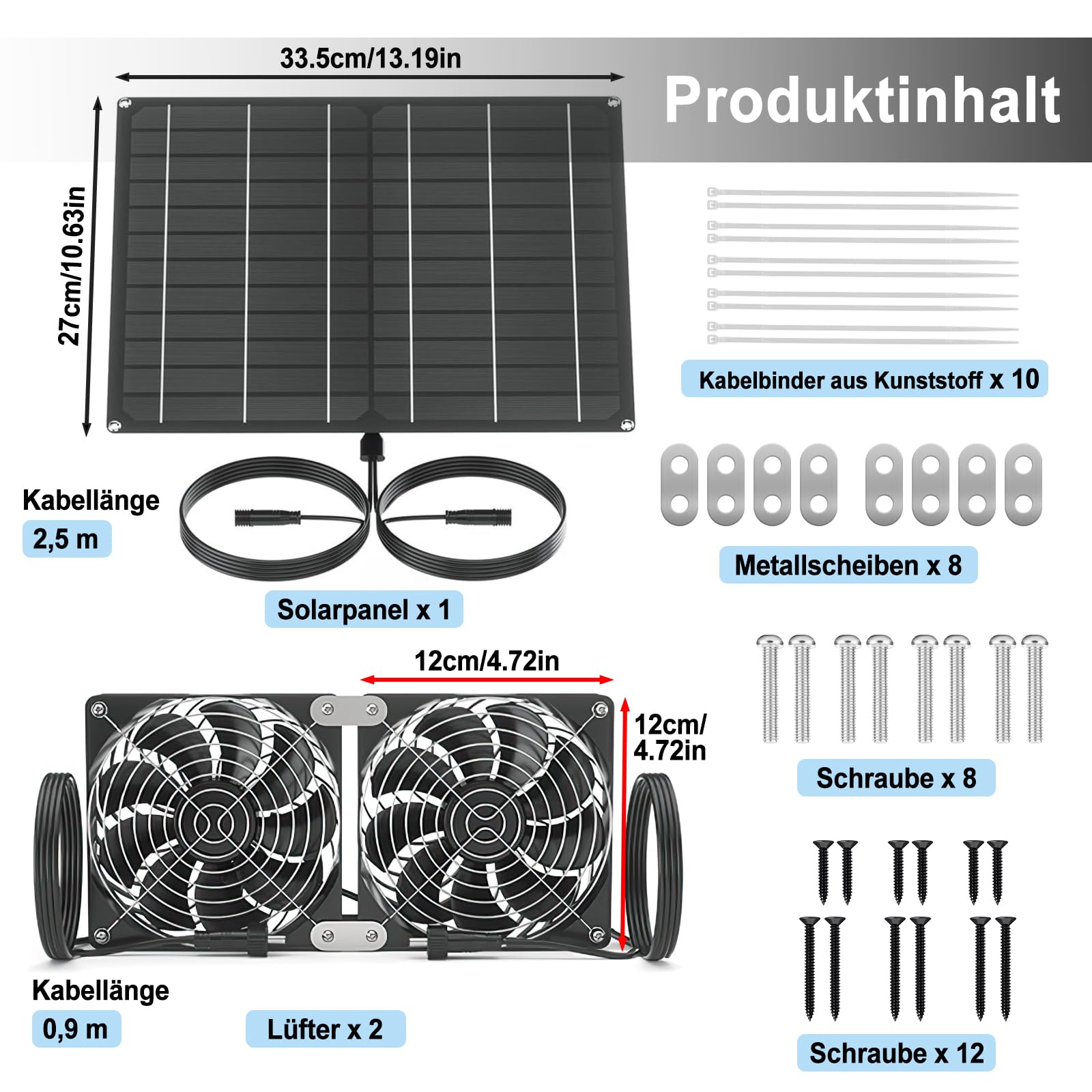 Ventilatore solare, 15 W, a energia solare, doppio ventilatore di scarico, impermeabile, ventilatore solare per pollaio, serre, case per animali domestici