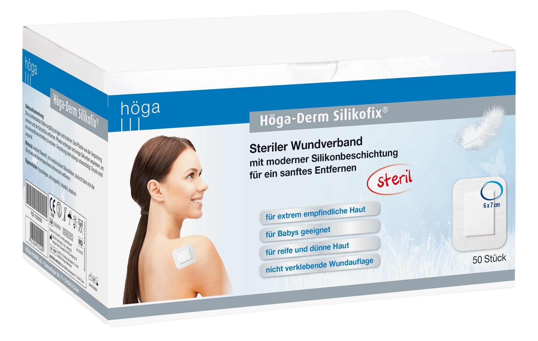 Höga Derm Silikofix 6 cm x 7 cm, steriler Wundverband (Pflaster) mit moderner Silikonbeschichtung für ein sanftes Entfernen, 50 Stück