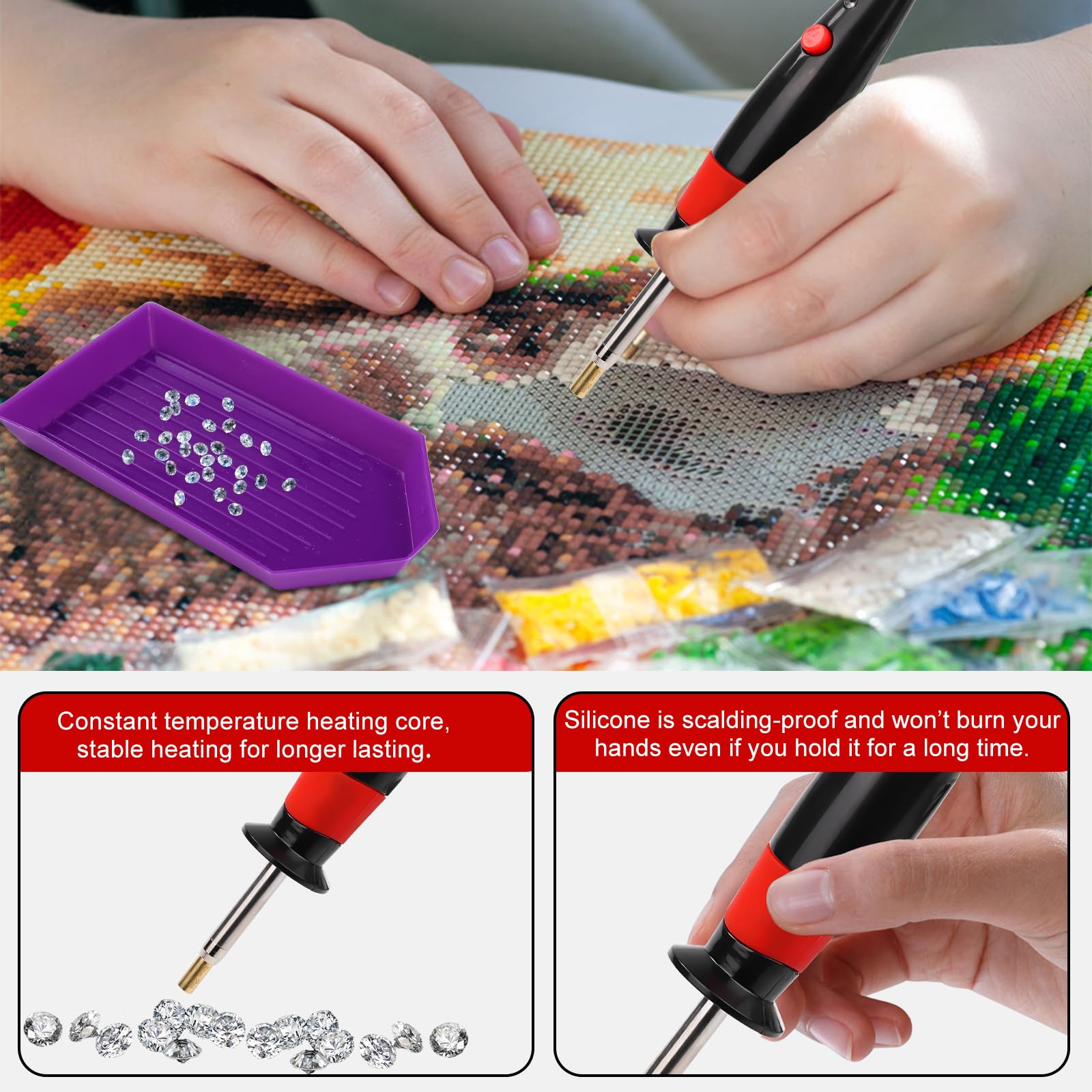 Set di fissaggio a caldo,Kit per Strass con Adesivo Termico,Cristalli Autoadesivi per Tessuti– 3 scatole di strass, 9 inserti e supporto in metallo per tessuto/pelle