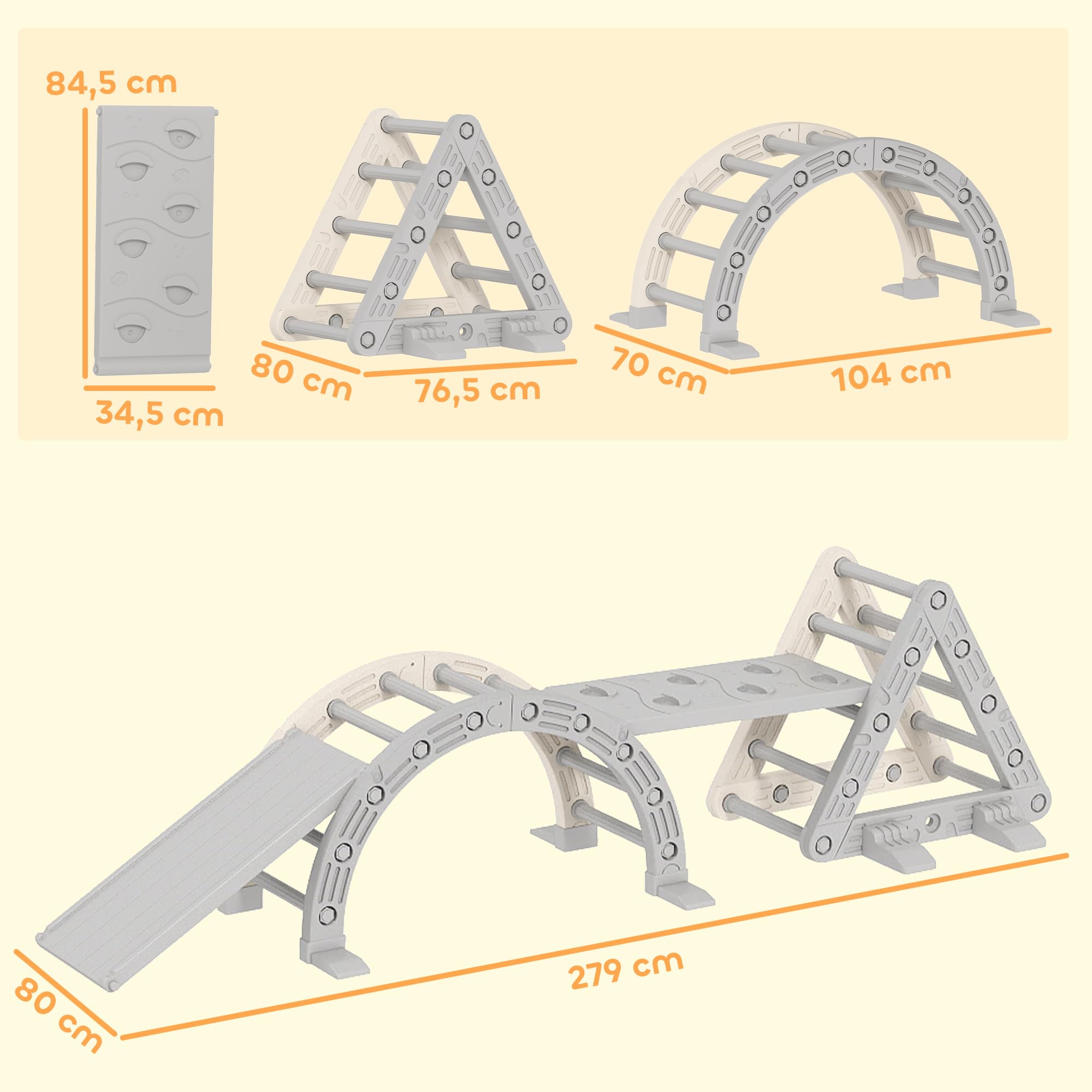AIYAPLAY 5 in 1 Klettergerüst Montessori Indoor 18-48 Monate Grau+Weiß | Kletterdreieck mit Rutsche, Kletterbogen, Doppelseitige Rampe, Spielplatz Indoor, für Kinder