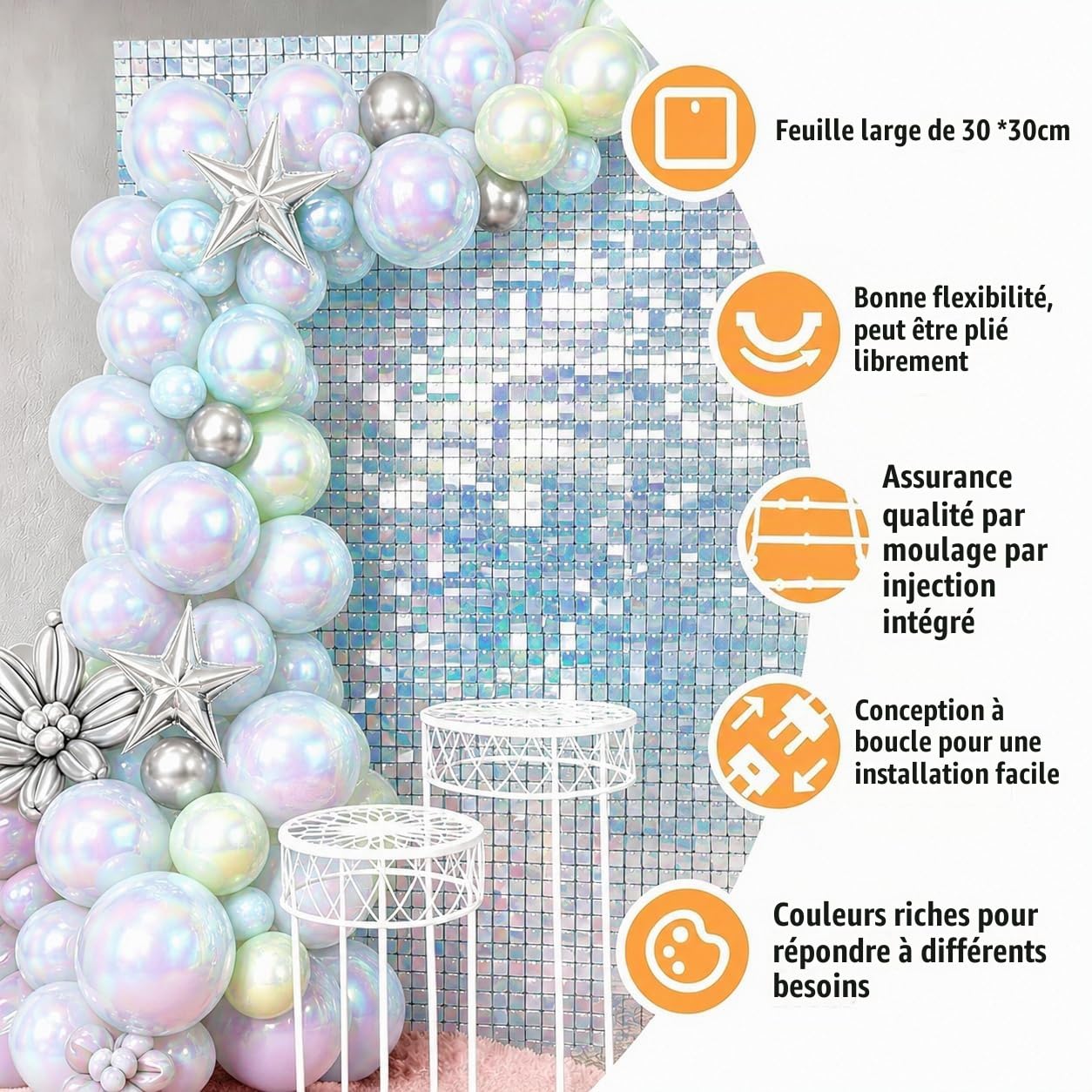 Toile de Fond Murale colorée argentée Scintillante, 30cm x 30cm, 24pcs | Fond de photomaton pour anniversaire, mariage, jour du souvenir, cérémonie de remise des diplômes