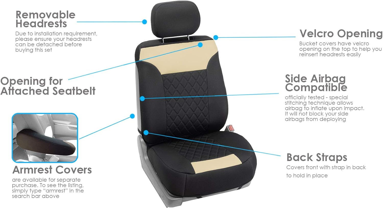 FH Group Car Seat Cover Cushion - 2 Pack Seat Covers for Cars Trucks SUV, Beige Black Neosupreme Car Seat Cushions, Car Seat Cover Cushion, Universal Fit Car Seat Protector