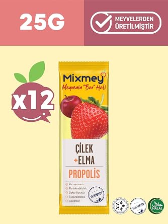Mixmey Bee Çilek Ve Propolis Meyve Bar | Vejetaryen, Glutensiz Sağlıklı Atıştırmalık - 25gr X 12 Adet