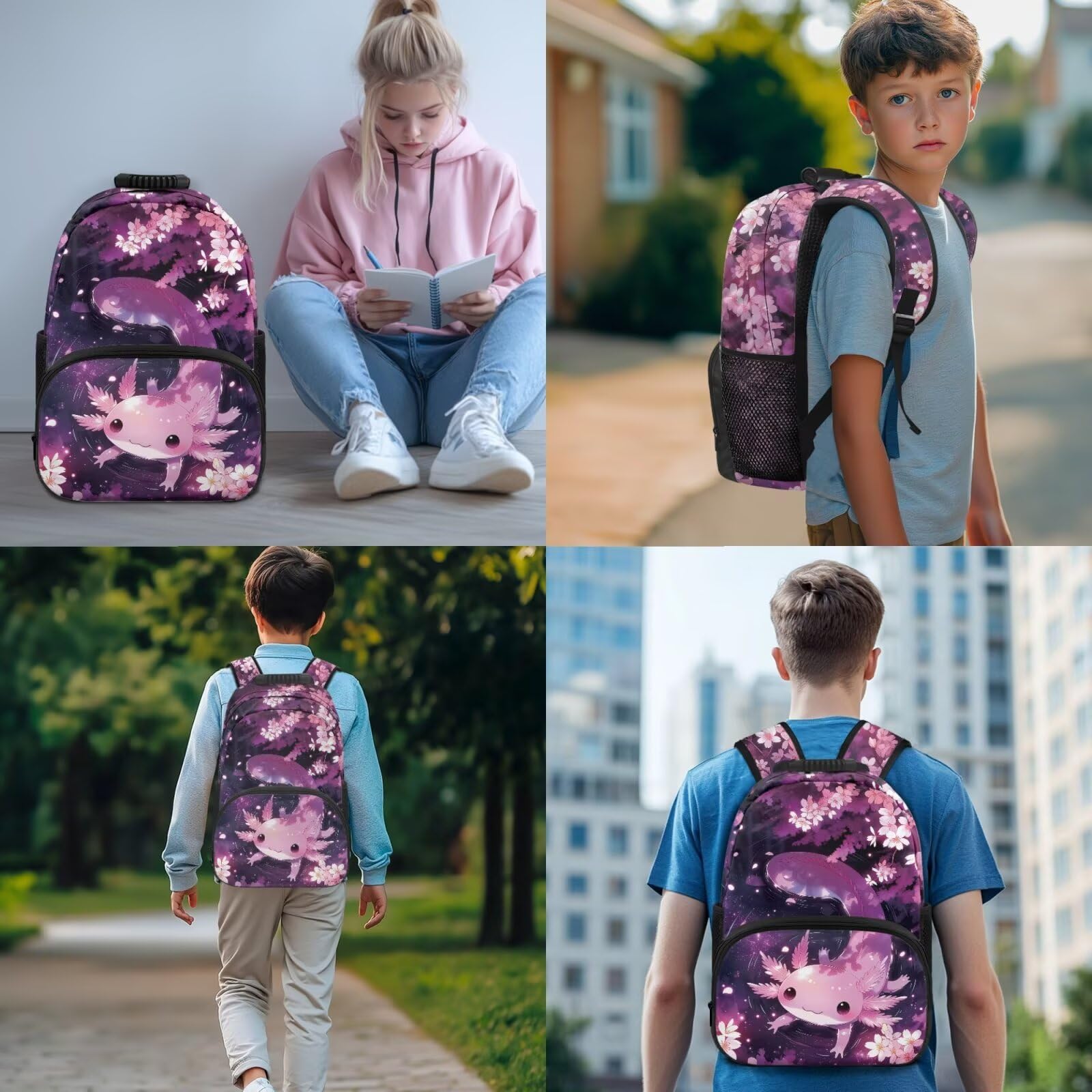 COEQINE Zaino scolastico per ragazze 6-8-10-12 con portapranzo e grande astuccio portachiavi, borsa per laptop per libri elementari, 5 pezzi, Axolotl Galassia Viola