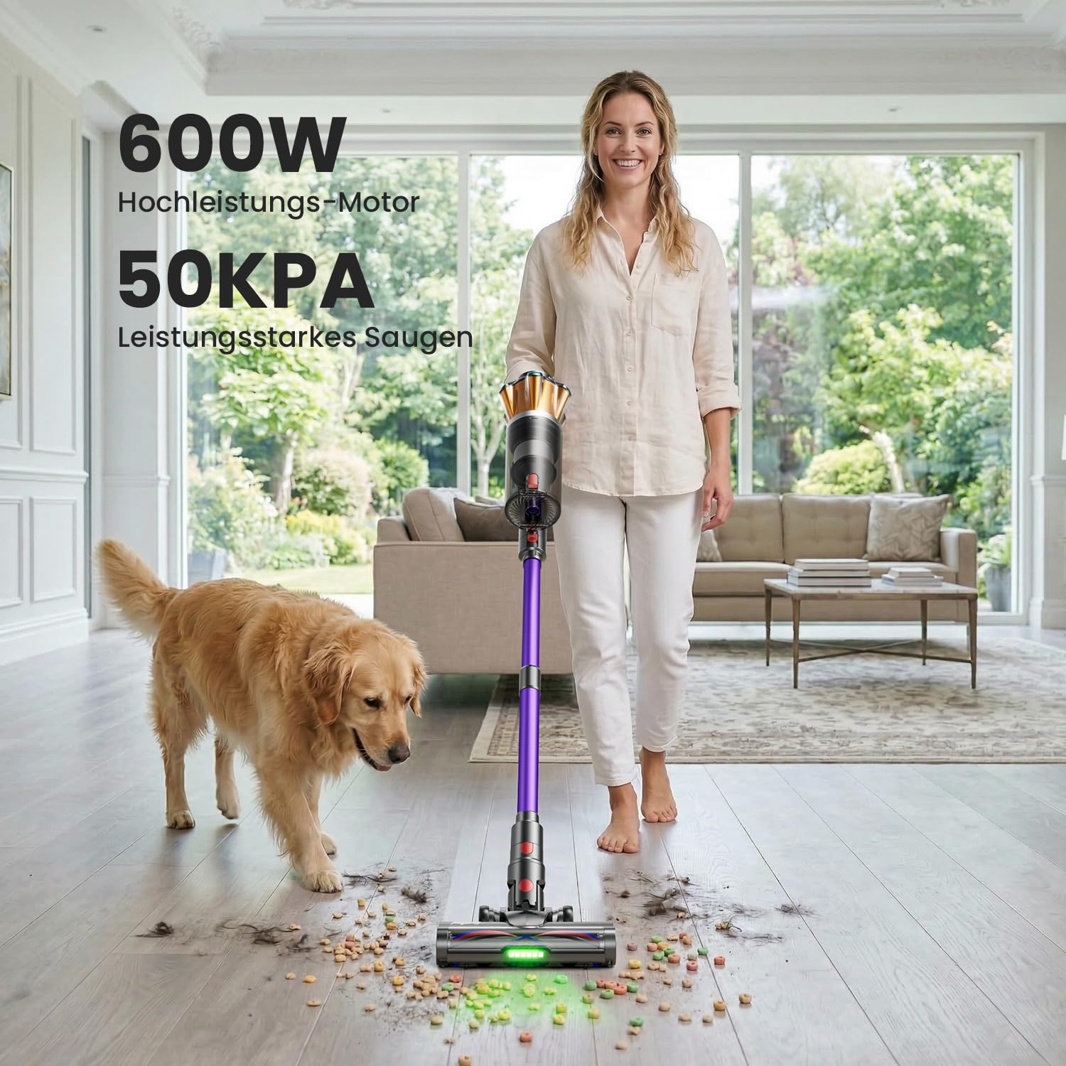 Akku Staubsauger Kabellos 600W/50000Pa/70Min, 1,8L Akkustaubsauger mit Hurrikanmodus, Anti-Tangle-Bürste, Selbststehend, OLED Display, Wandladestation, für Teppiche Tierhaare Hartböden Auto
